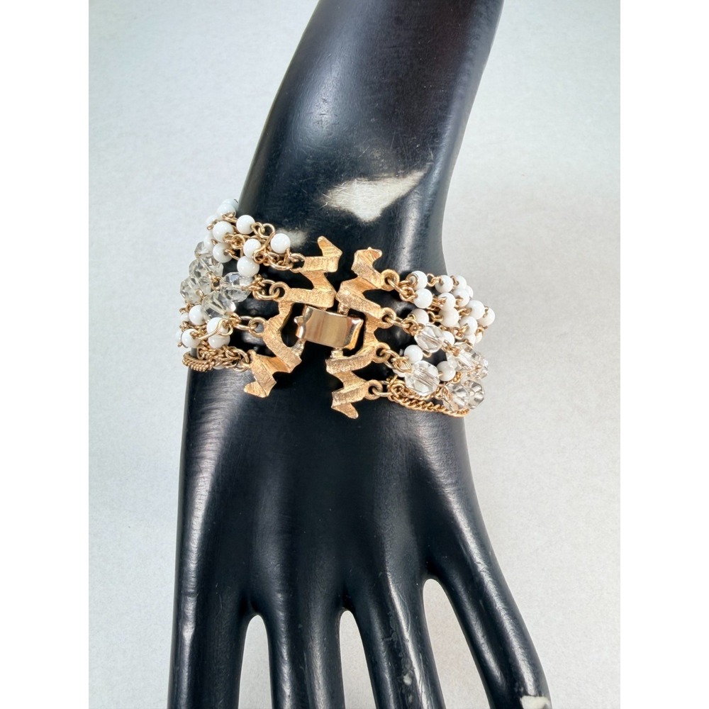 Vintage KRAMER Multi Strand White Bead Crystal Gold Tone Statement Bracelet